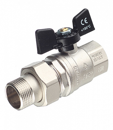 картинка Кран шаровой латунный Bugatti (3220089) 3/4 ВР(г) х 3/4 НР(ш) бабочка с полусгоном прямой от магазина